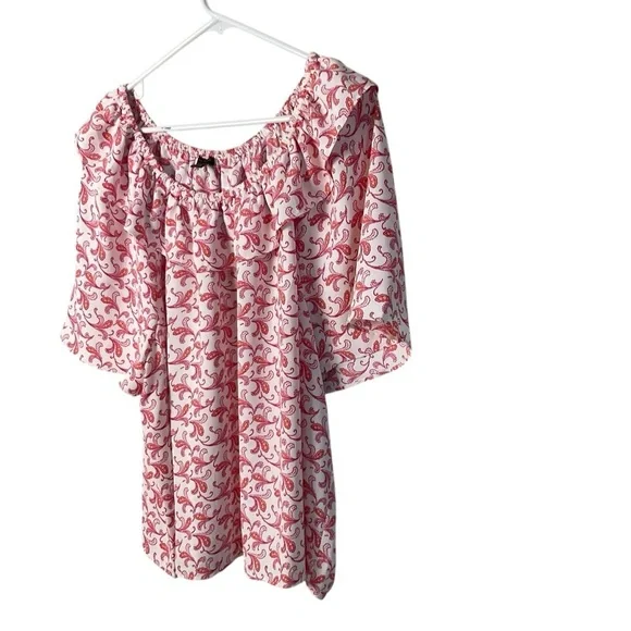 Ann Taylor XXL Ruffle Neck Paisley Blouse Pink Red Short Sleeve Top - Picture 4 of 9